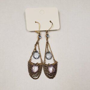 Gold tone blue pink rhinestone chandelier dangle pierced fashion earrings